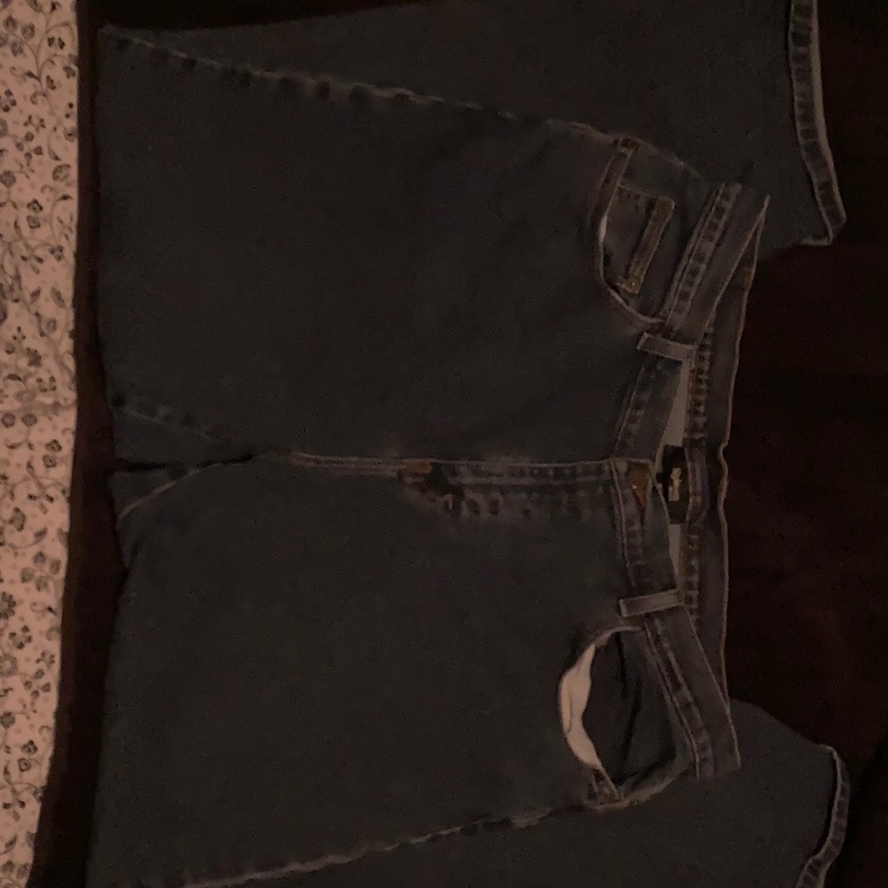 Dark wash jeans.